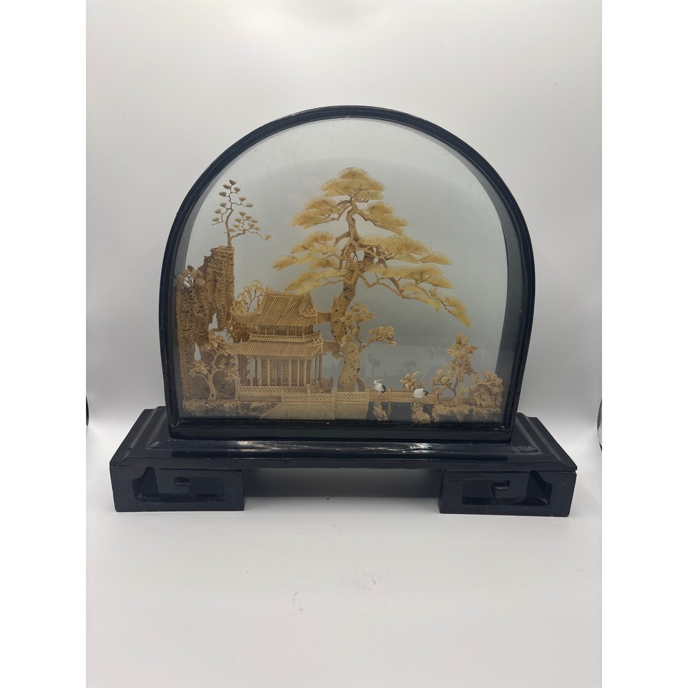 Vintage San You Chinese Cork Carving Diorama Pagoda Crane Black Lacquer Base 10"